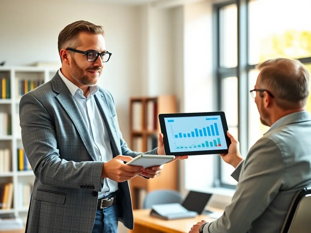 A business coach in a modern office setting, working with a client on strategic planning, using a whiteboard to illustrate growth strategies.